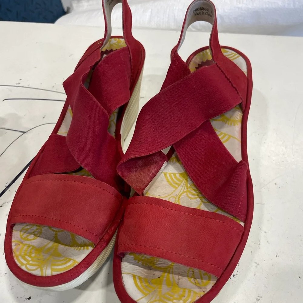 Fly London women's red suede leather slip on cross wedge sandal size 38